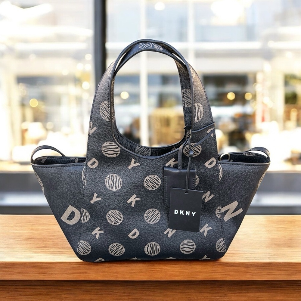 BLACK DKNY & Taupe Logo Medium Women Tote Handbag Removable Shoulder Strap NWT